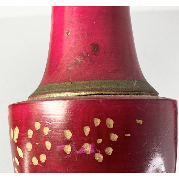 2 Matching Handmade & Painted Red Wooden Vases w/Applied Gold Floral Motif 10.5” - Picture 8 of 8